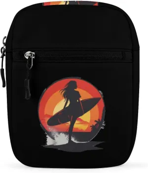 Vintage Sunset Surfing Women with Surfboard Small Crossbody Bags Mini Shoulder Bag Travel Messenger Bag for Men Women