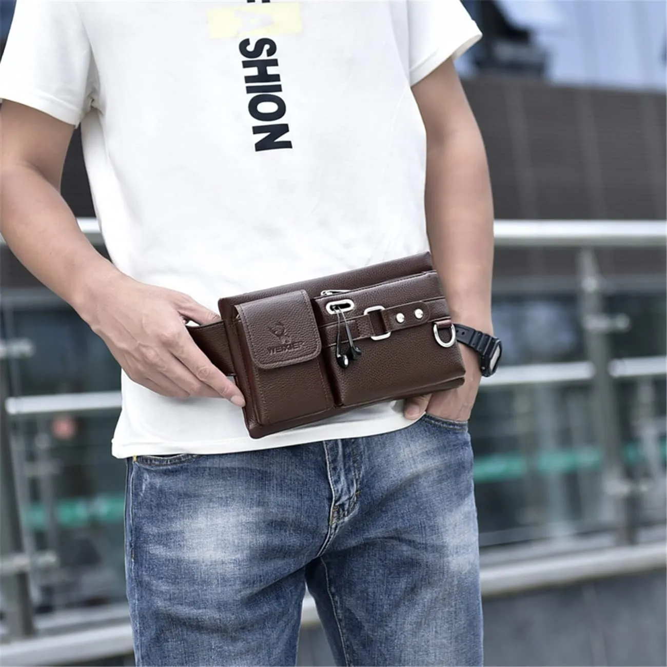 Waist Bag Messenger Bags Shoulder Bag for Men PU Leather (black)