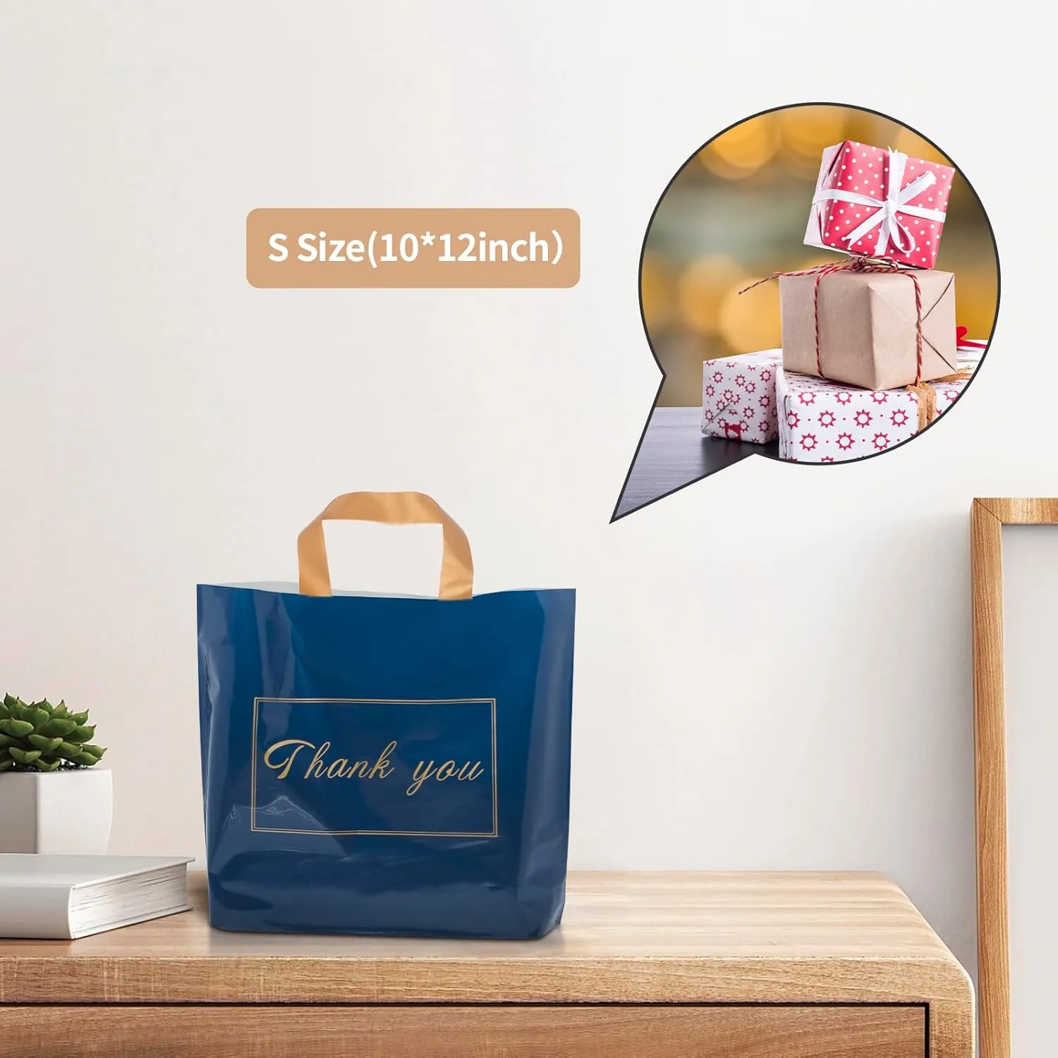 WAKAKO 60 Pack Thank You Plastic Bags for Small Business Retail Store 10x12 Inch Shopping Merchandise Bags with Handle, Blue