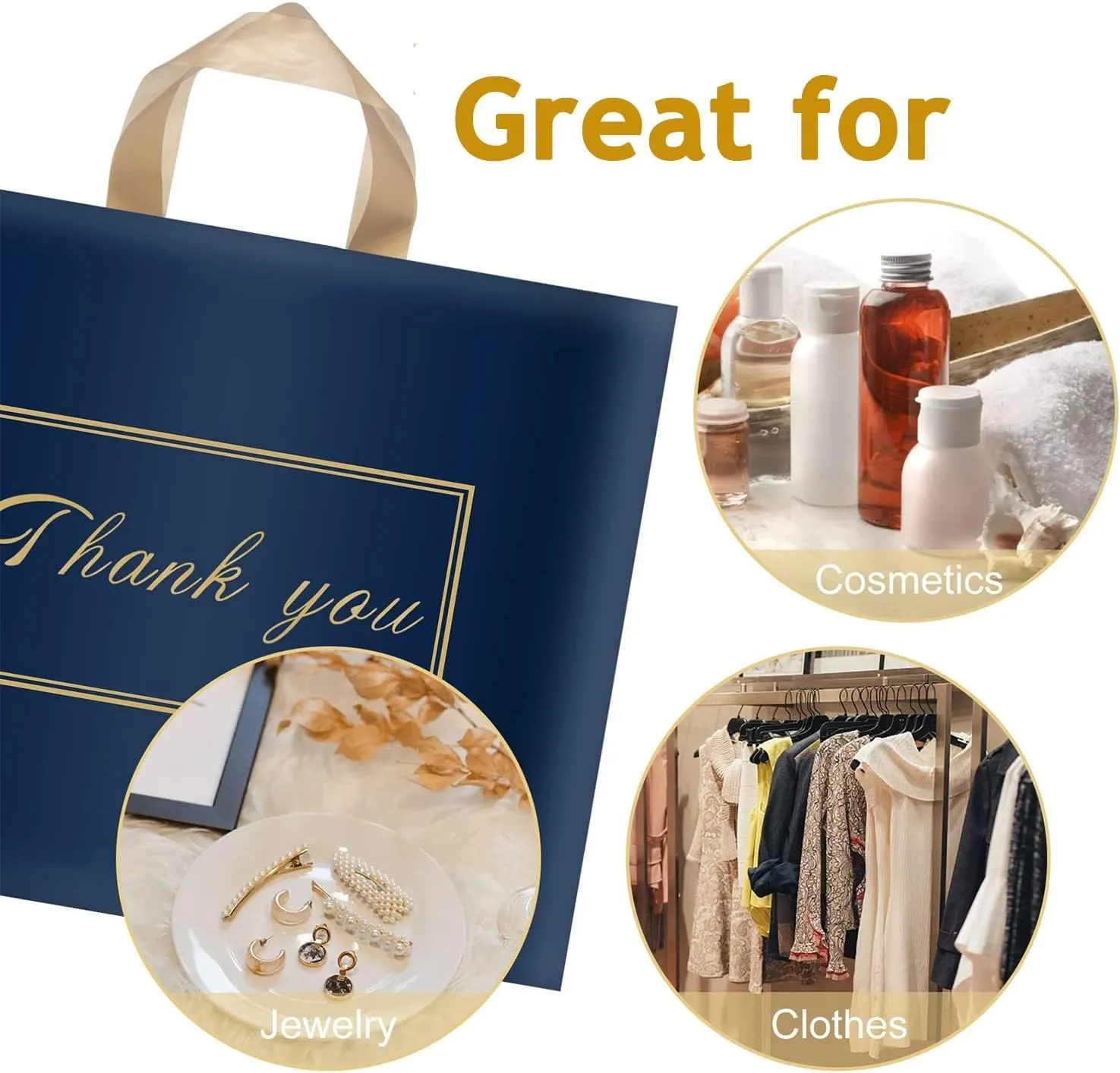 WAKAKO 60 Pack Thank You Plastic Bags for Small Business Retail Store 10x12 Inch Shopping Merchandise Bags with Handle, Blue