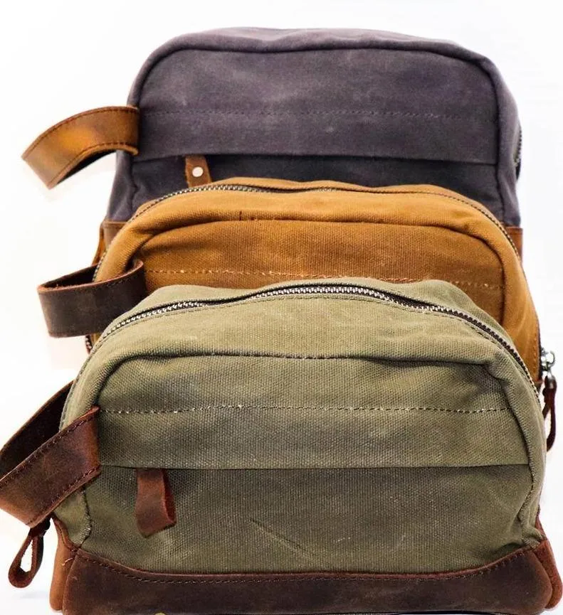 Waxed Canvas and Leather Dopp Bag, Cognac