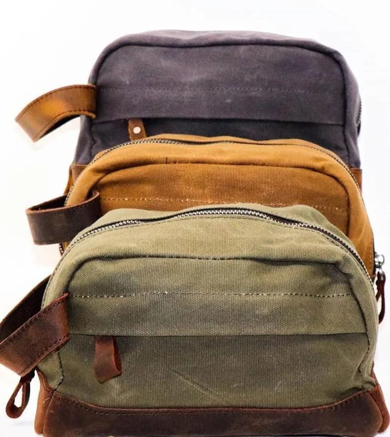 Waxed Canvas and Leather Dopp Bag, Grey