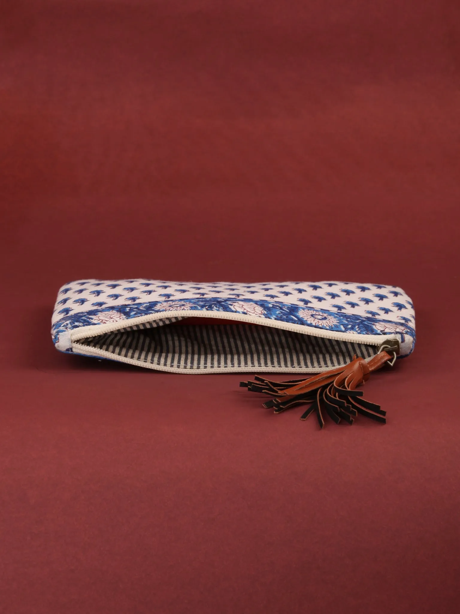White Indigo Hand Block Printed Utility Pouch - B0603