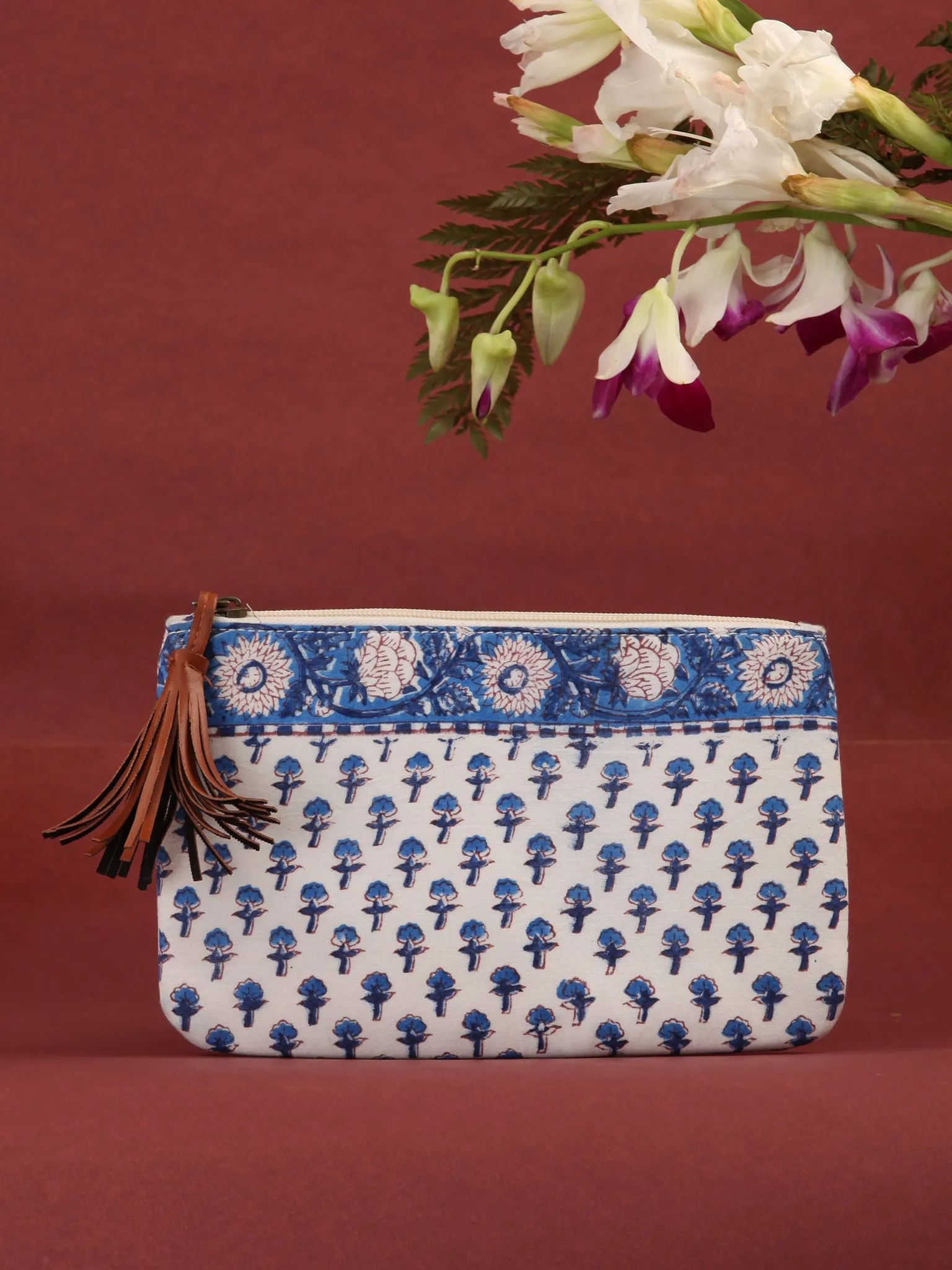 White Indigo Hand Block Printed Utility Pouch - B0603