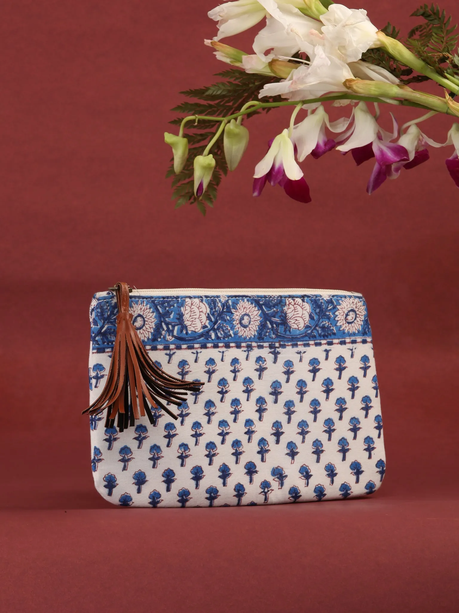 White Indigo Hand Block Printed Utility Pouch - B0603