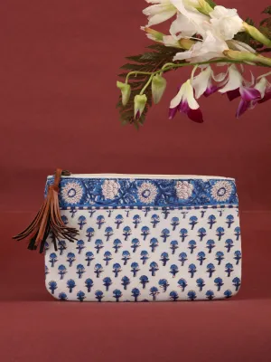 White Indigo Hand Block Printed Utility Pouch - B0603