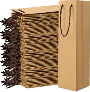 Wine Gift Bag 100 Pack, Kraft Paper Brown Wine Gift Box, Reusable Champagne Gift Bag, Bottle Bags with Handles, Tall Gift Bags for Shopping Wedding Birthday Dinner Parties(13.7 x 3.7 x 3.5Inch)