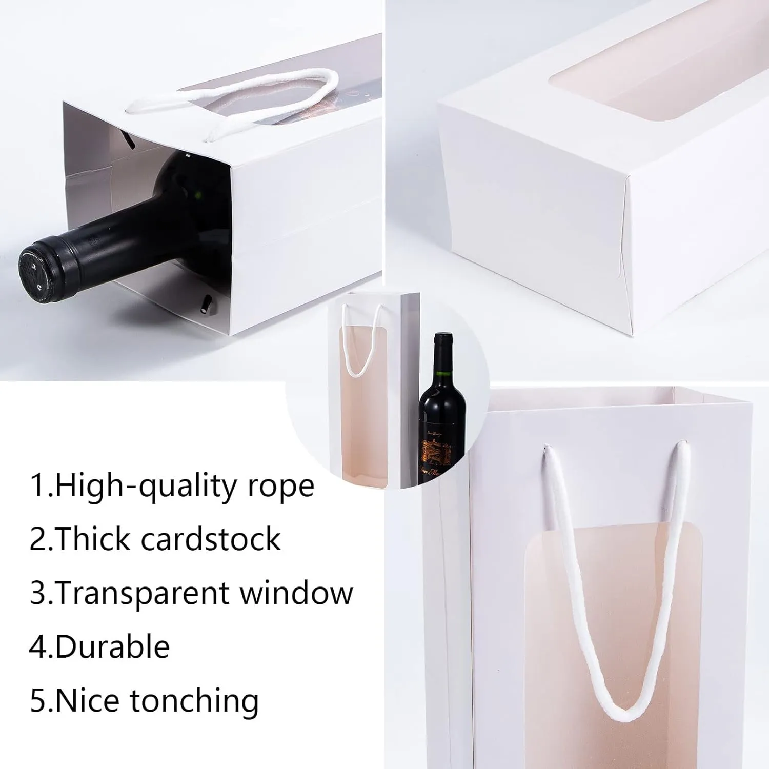 Wine Gift Bag with handle, Dasofine 20 Pack 4.92"x3.35"x 14.2" Kraft Paper Wine Bottle Bags with Clear Window for Anniversary Birthday Housewarming Dinner Party Business-White