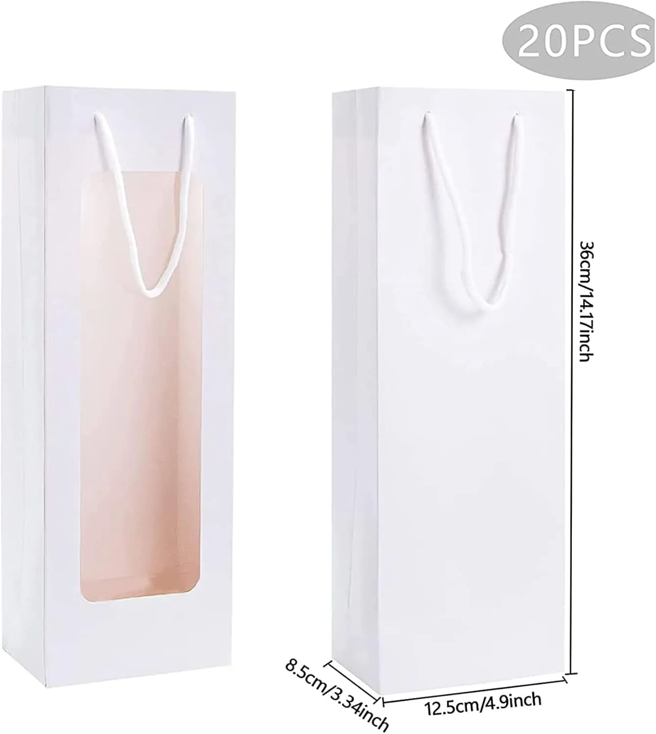 Wine Gift Bag with handle, Dasofine 20 Pack 4.92"x3.35"x 14.2" Kraft Paper Wine Bottle Bags with Clear Window for Anniversary Birthday Housewarming Dinner Party Business-White
