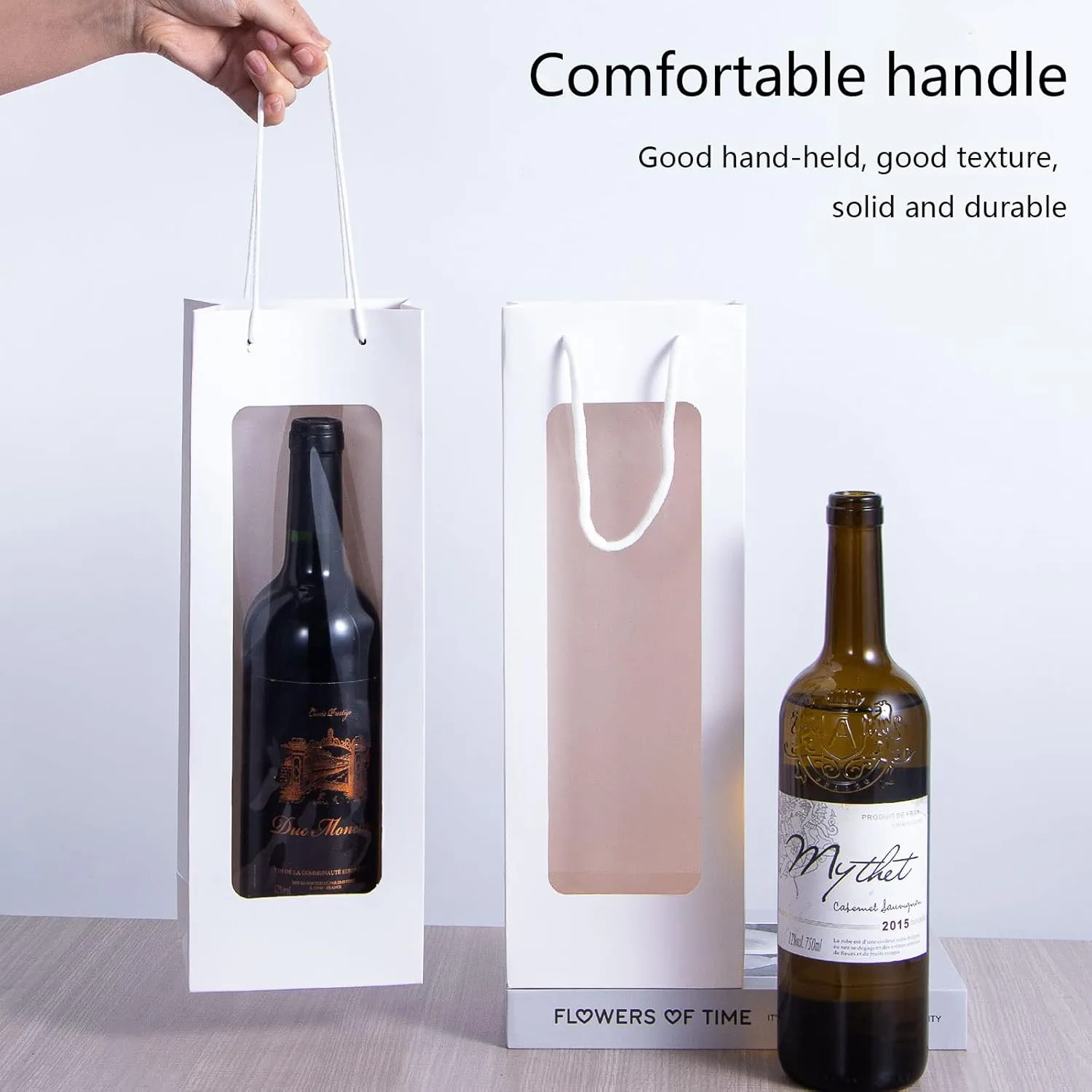 Wine Gift Bag with handle, Dasofine 20 Pack 4.92"x3.35"x 14.2" Kraft Paper Wine Bottle Bags with Clear Window for Anniversary Birthday Housewarming Dinner Party Business-White