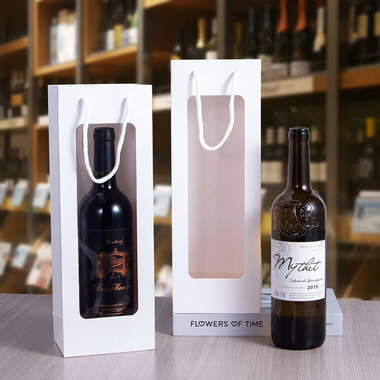 Wine Gift Bag with handle, Dasofine 20 Pack 4.92"x3.35"x 14.2" Kraft Paper Wine Bottle Bags with Clear Window for Anniversary Birthday Housewarming Dinner Party Business-White