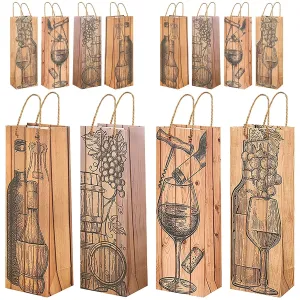Wine Gift Bags - 12 Pack Paper Wine Bags Set with Wood Grain for Holiday, Wedding, Birthday Party Favors