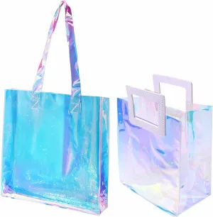 Woeoe Holographic Iridescent Tote Bag for Women Waterproof Beach Bags Clear Shoulder Handbag for Pool Stadium