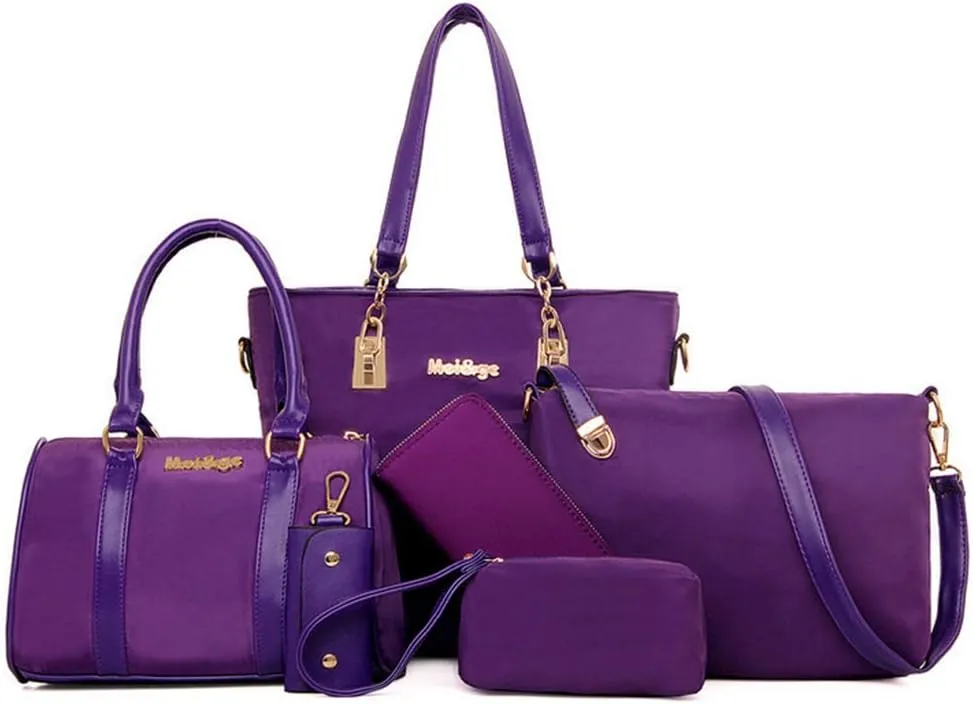 Women 6Pcs Handbag Set Purse Nylon Top Handle Shoulder Bag Tote Satchels Clutch