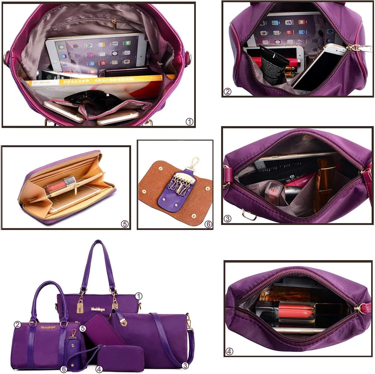 Women 6Pcs Handbag Set Purse Nylon Top Handle Shoulder Bag Tote Satchels Clutch
