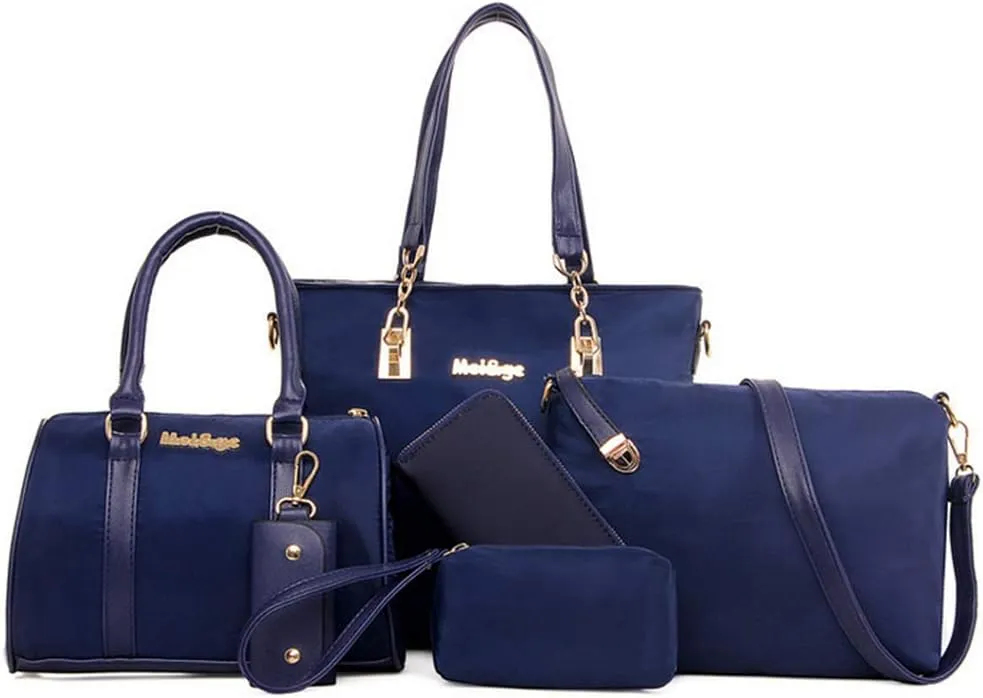 Women 6Pcs Handbag Set Purse Nylon Top Handle Shoulder Bag Tote Satchels Clutch
