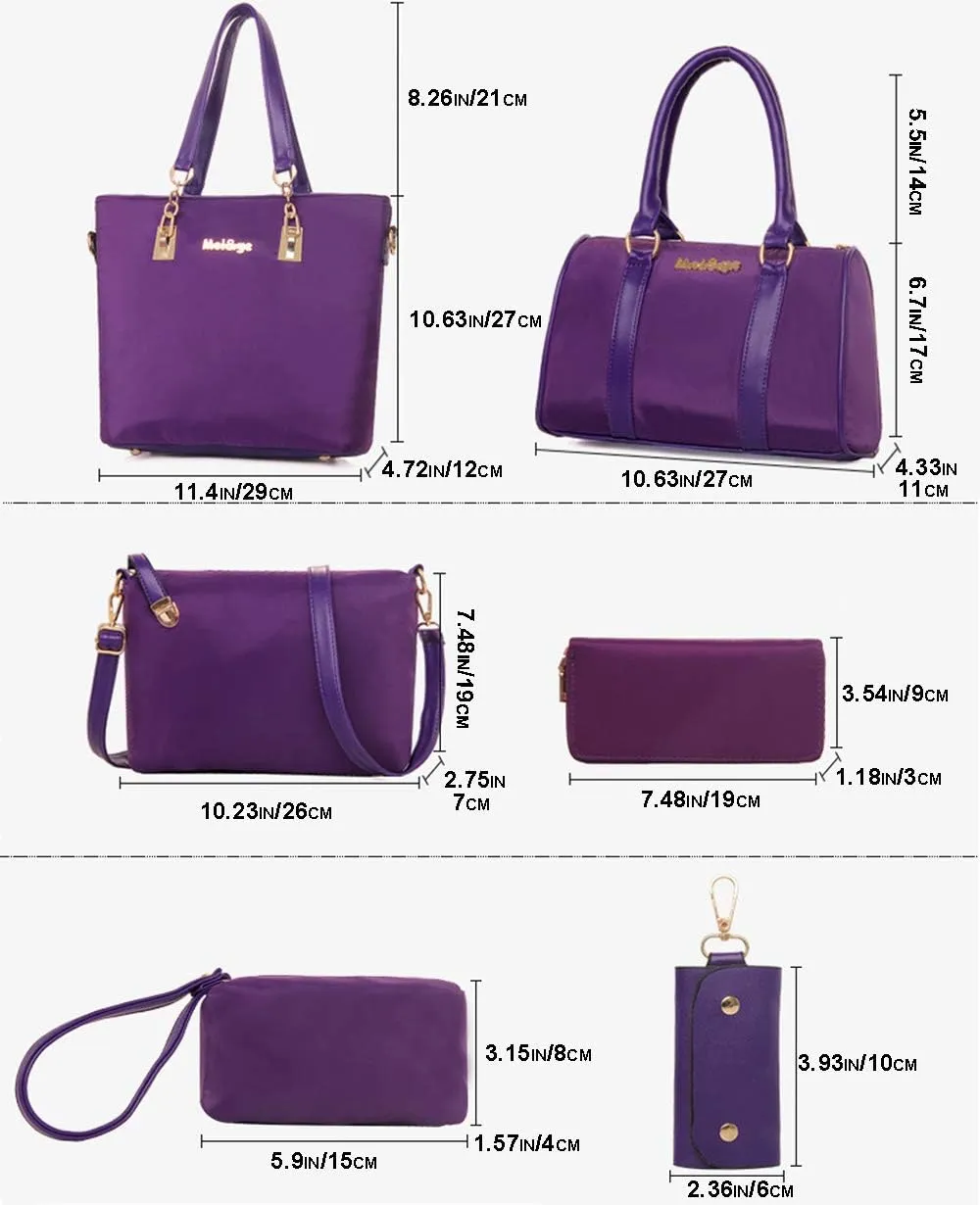 Women 6Pcs Handbag Set Purse Nylon Top Handle Shoulder Bag Tote Satchels Clutch