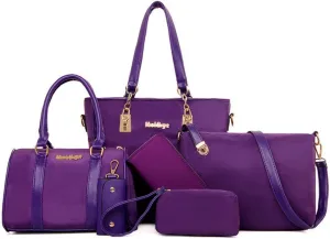 Women 6Pcs Handbag Set Purse Nylon Top Handle Shoulder Bag Tote Satchels Clutch