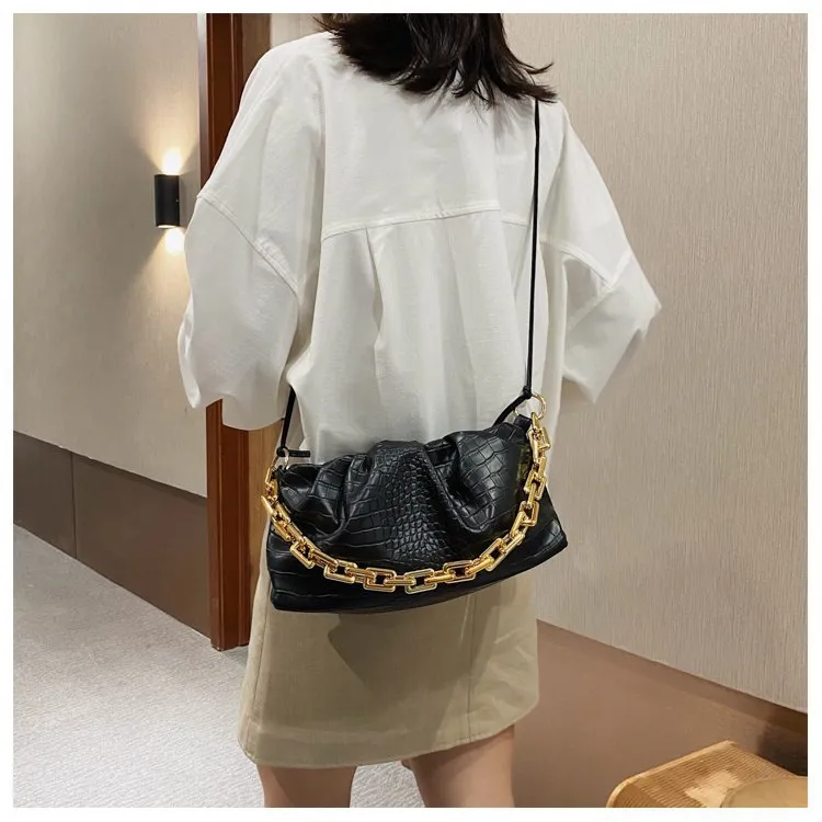Women Cloud Underarm Shoulder Bag Pleated Baguette Pouch Totes Handbag