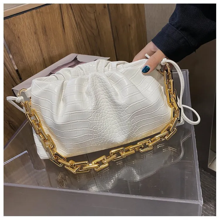 Women Cloud Underarm Shoulder Bag Pleated Baguette Pouch Totes Handbag