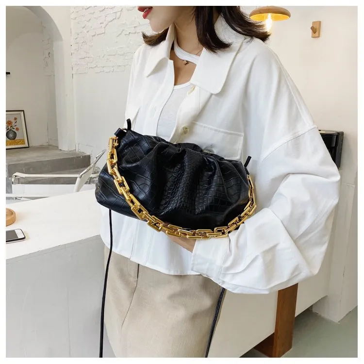 Women Cloud Underarm Shoulder Bag Pleated Baguette Pouch Totes Handbag