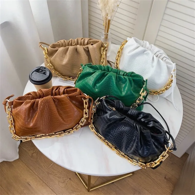Women Cloud Underarm Shoulder Bag Pleated Baguette Pouch Totes Handbag