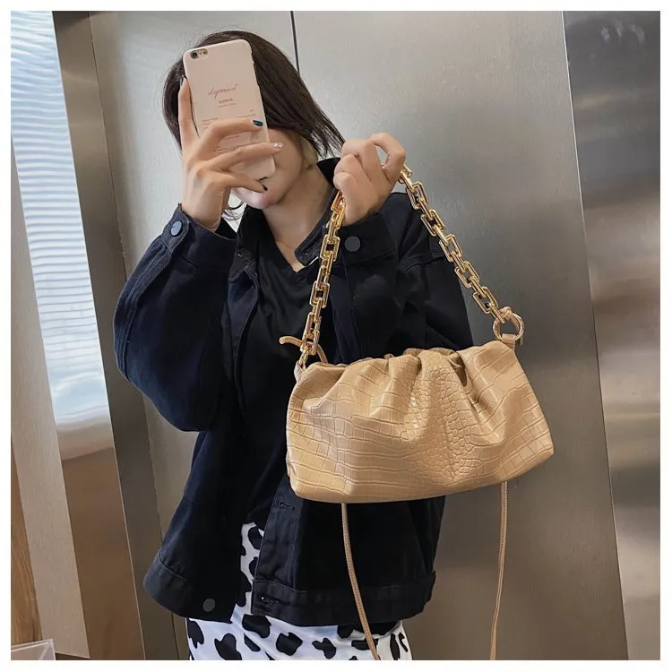 Women Cloud Underarm Shoulder Bag Pleated Baguette Pouch Totes Handbag