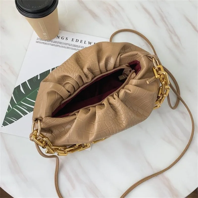 Women Cloud Underarm Shoulder Bag Pleated Baguette Pouch Totes Handbag