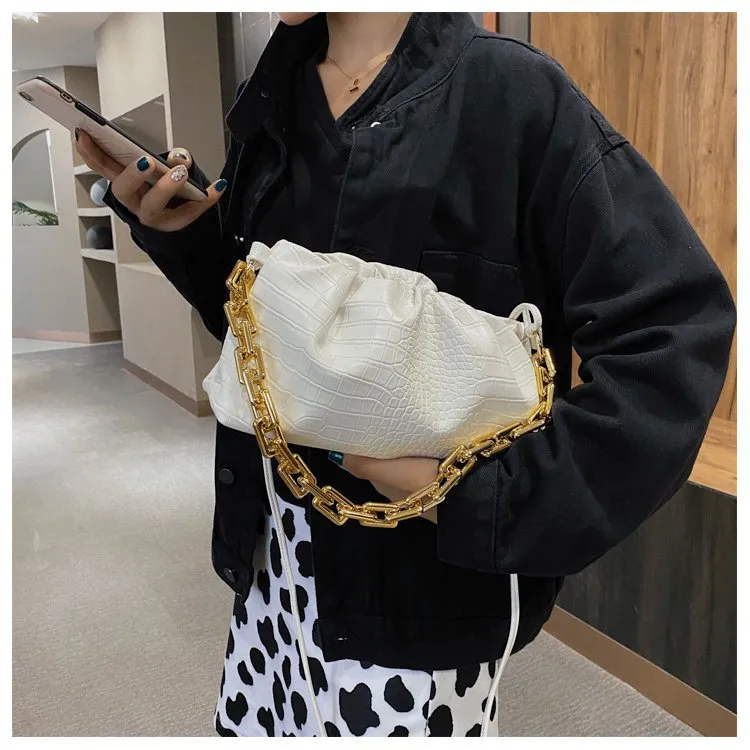 Women Cloud Underarm Shoulder Bag Pleated Baguette Pouch Totes Handbag