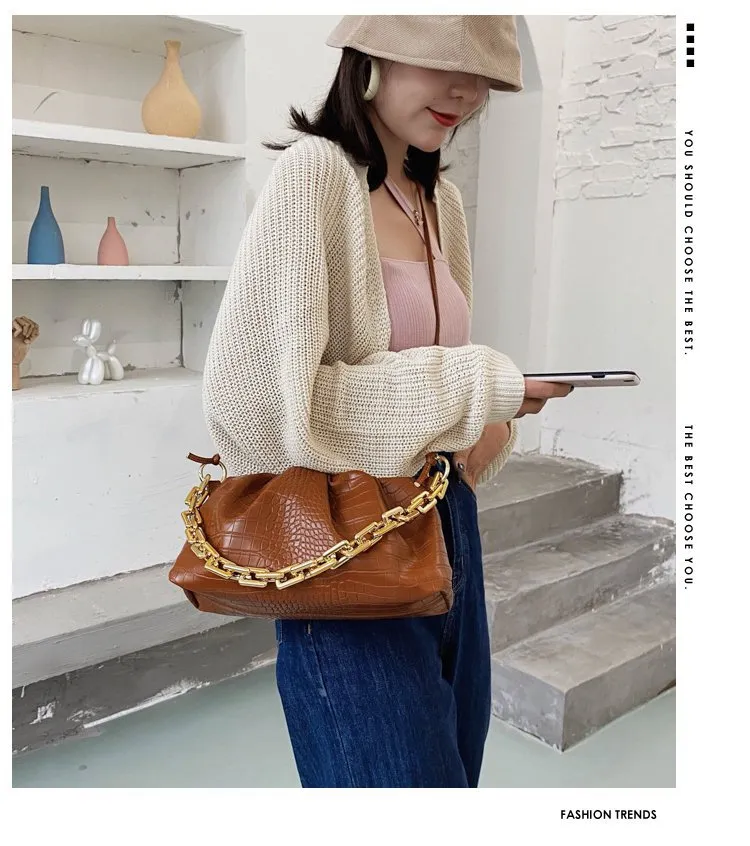 Women Cloud Underarm Shoulder Bag Pleated Baguette Pouch Totes Handbag