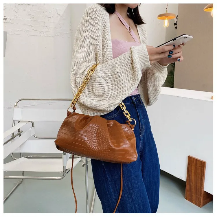Women Cloud Underarm Shoulder Bag Pleated Baguette Pouch Totes Handbag