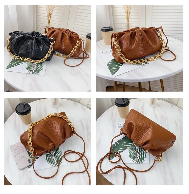 Women Cloud Underarm Shoulder Bag Pleated Baguette Pouch Totes Handbag