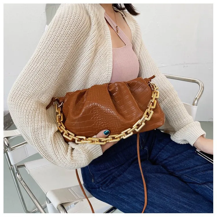Women Cloud Underarm Shoulder Bag Pleated Baguette Pouch Totes Handbag