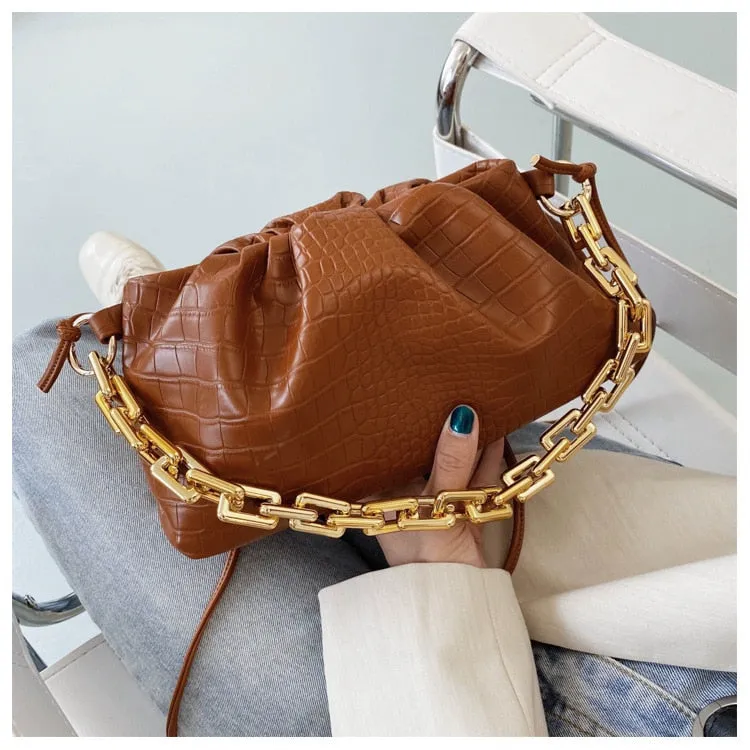 Women Cloud Underarm Shoulder Bag Pleated Baguette Pouch Totes Handbag
