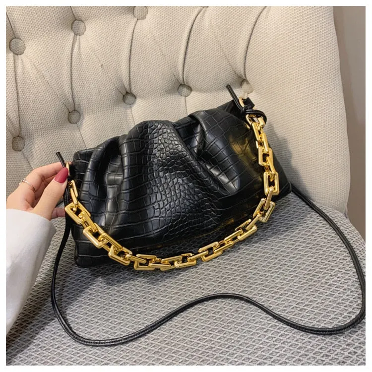 Women Cloud Underarm Shoulder Bag Pleated Baguette Pouch Totes Handbag