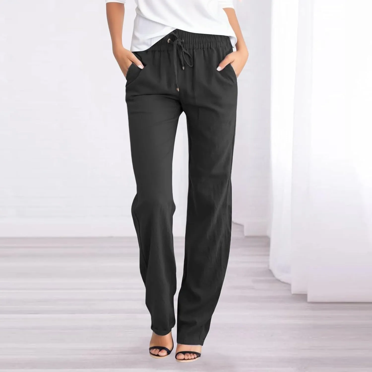 Women Cotton and Linen Summer Palazzo Pants Flowy Wide Leg Beach Pants High Waist Comfy Trousers with Pockets