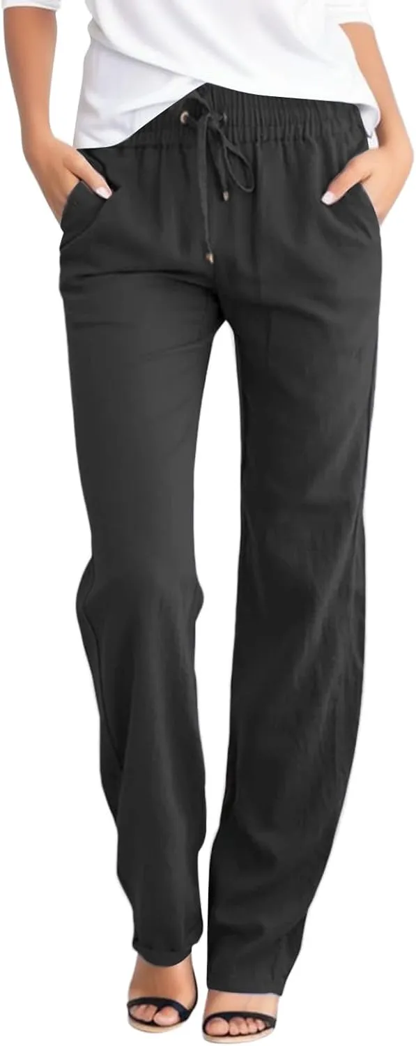 Women Cotton and Linen Summer Palazzo Pants Flowy Wide Leg Beach Pants High Waist Comfy Trousers with Pockets