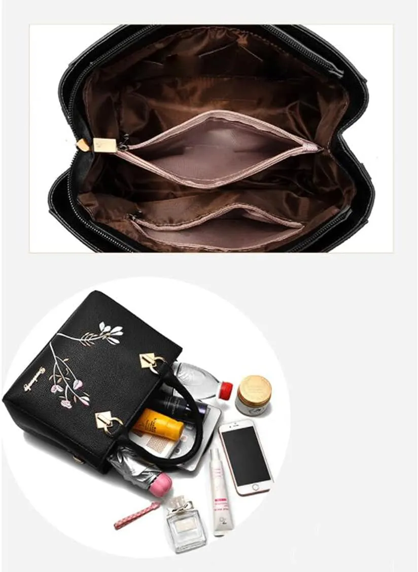 Women Synthetic PU Leather Fashion Embroidered Ladies Handbag Casual Totes Shoulder Crossbody Bag