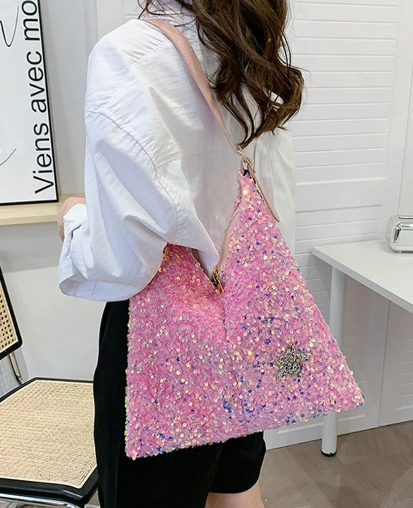 Womens Fashion Bucket Shoulder Bag Y2k Sparkly Glitter Sequin Purse Large Totes Top Handle Satchel Party