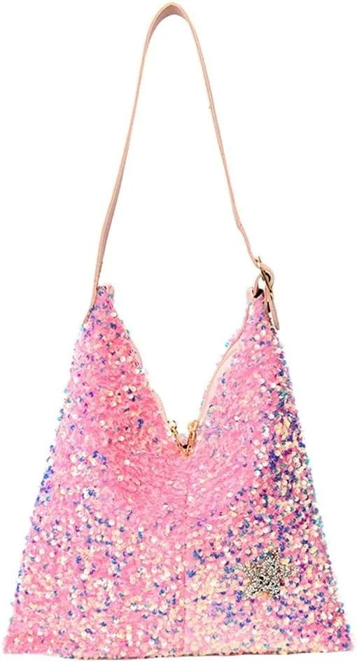 Womens Fashion Bucket Shoulder Bag Y2k Sparkly Glitter Sequin Purse Large Totes Top Handle Satchel Party