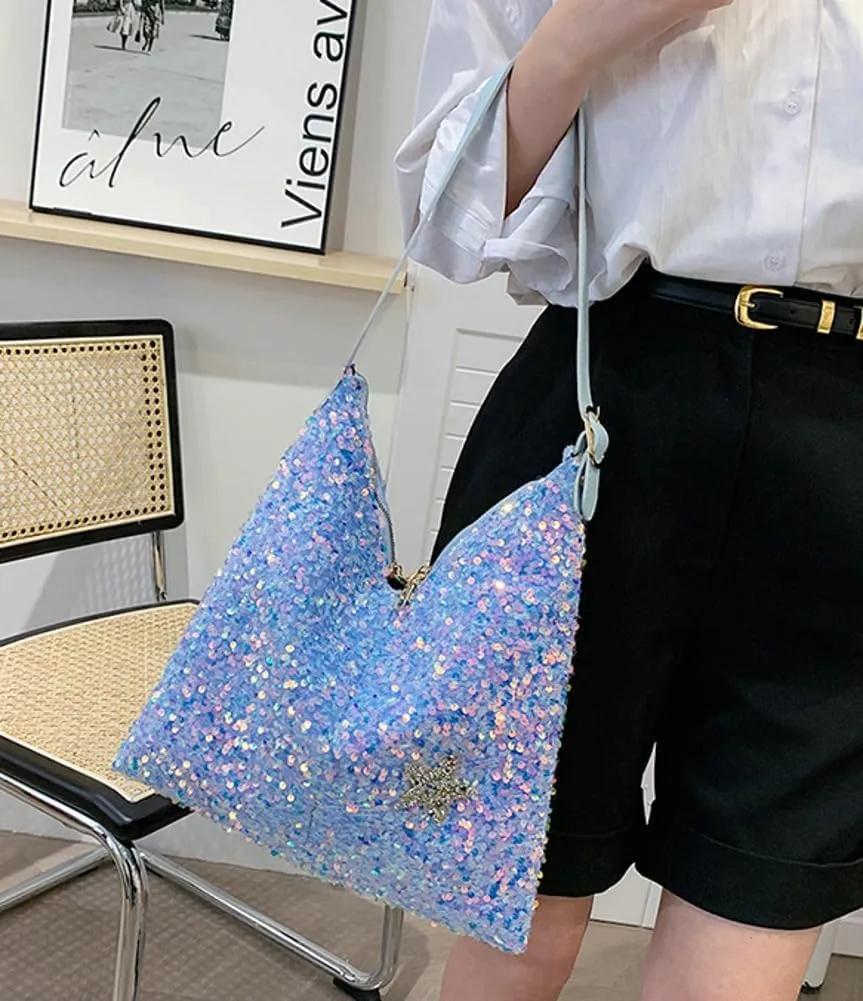 Womens Fashion Bucket Shoulder Bag Y2k Sparkly Glitter Sequin Purse Large Totes Top Handle Satchel Party