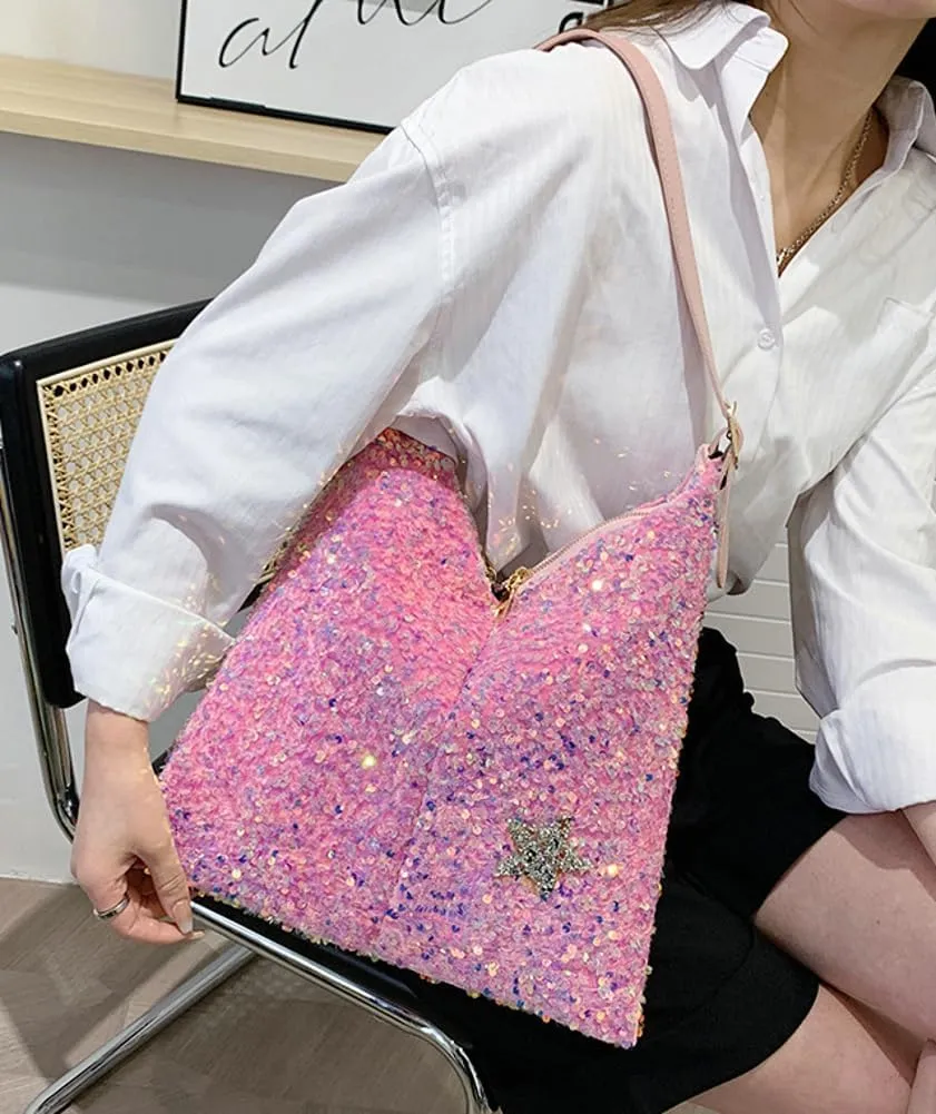 Womens Fashion Bucket Shoulder Bag Y2k Sparkly Glitter Sequin Purse Large Totes Top Handle Satchel Party