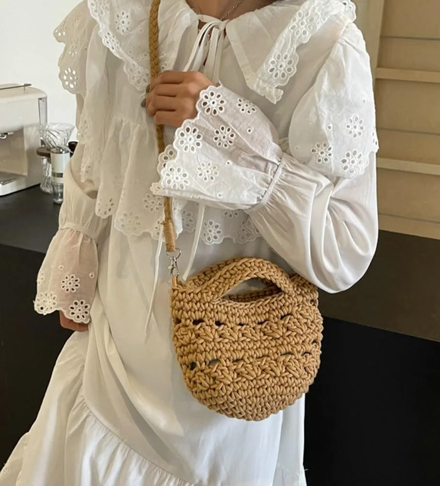 Women's Fashion Cotton Rope Purse Hand-woven Shoulder Crossbody Bag Casual Small Totes Cute Beach Vacation Net Bag