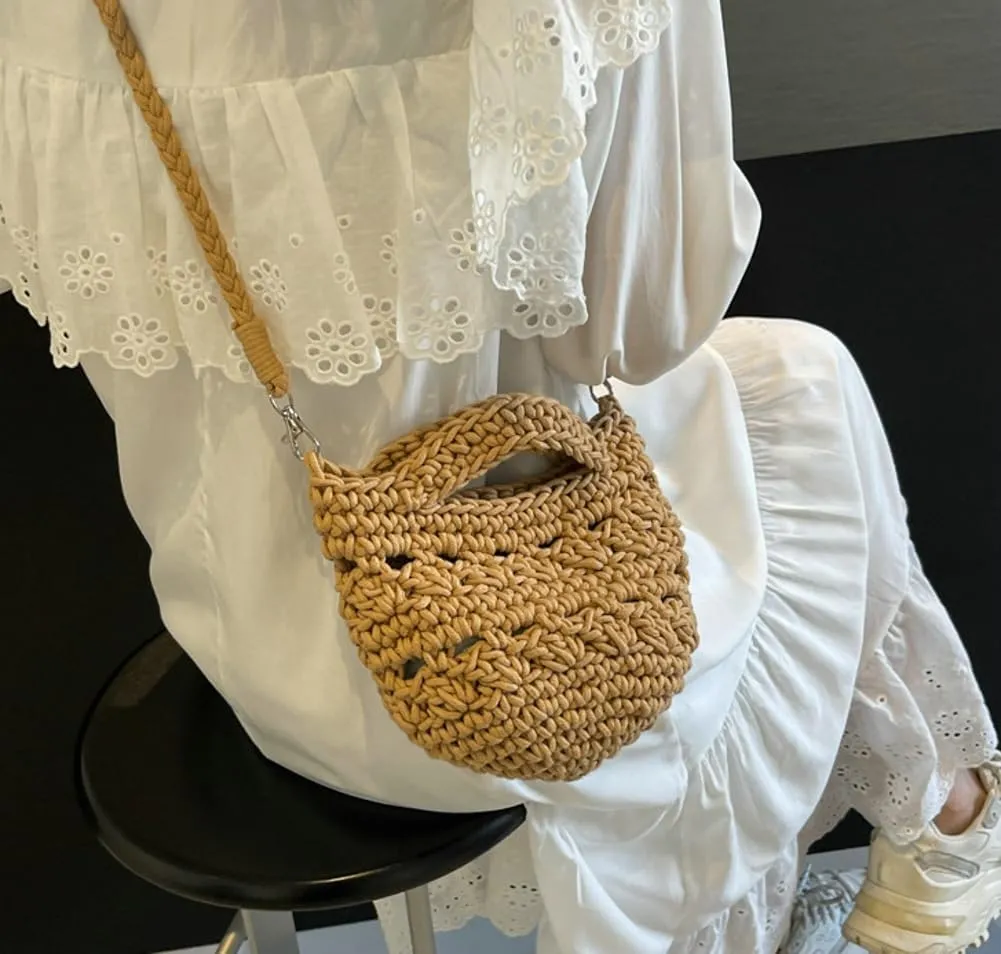 Women's Fashion Cotton Rope Purse Hand-woven Shoulder Crossbody Bag Casual Small Totes Cute Beach Vacation Net Bag