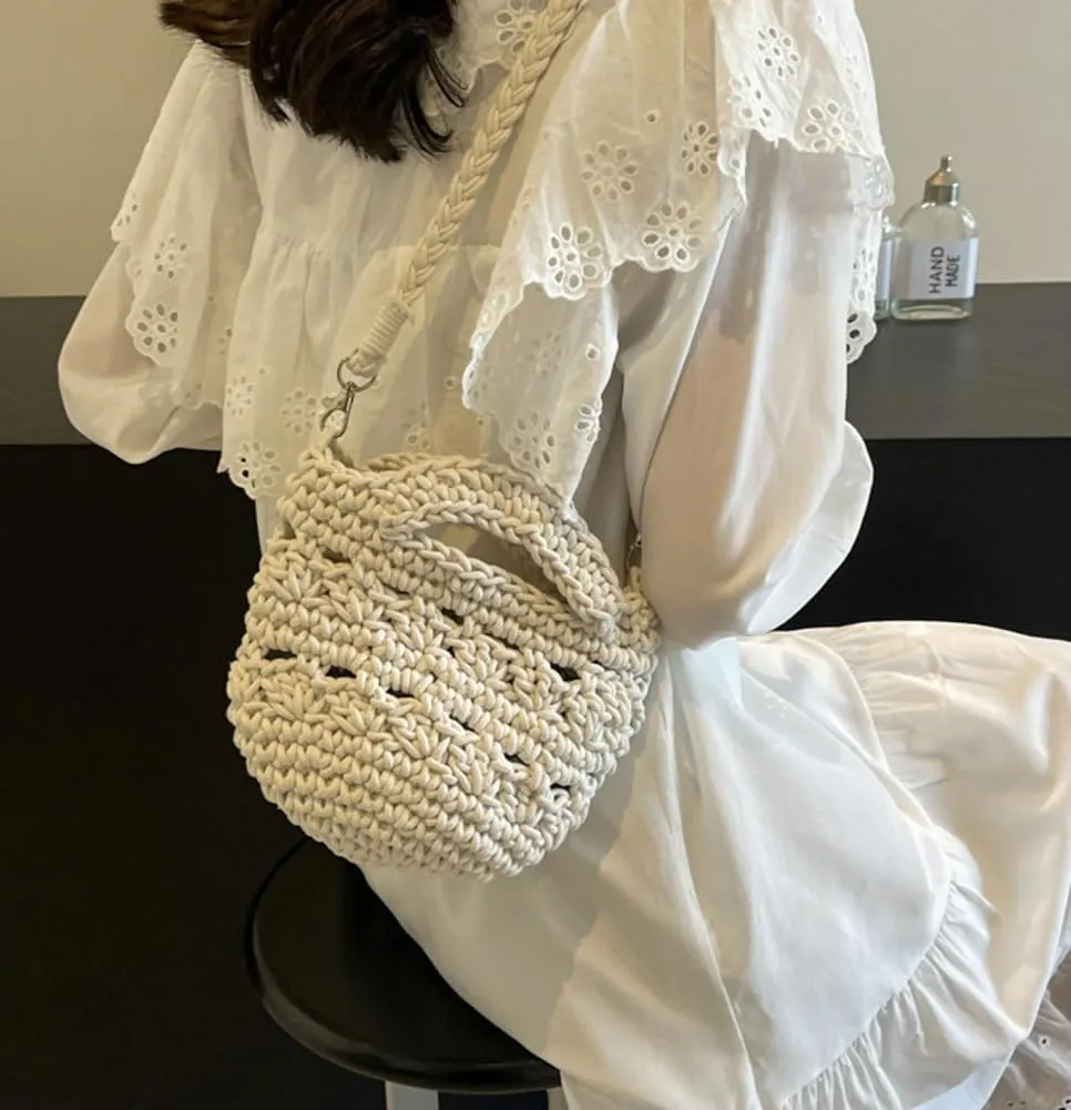 Women's Fashion Cotton Rope Purse Hand-woven Shoulder Crossbody Bag Casual Small Totes Cute Beach Vacation Net Bag