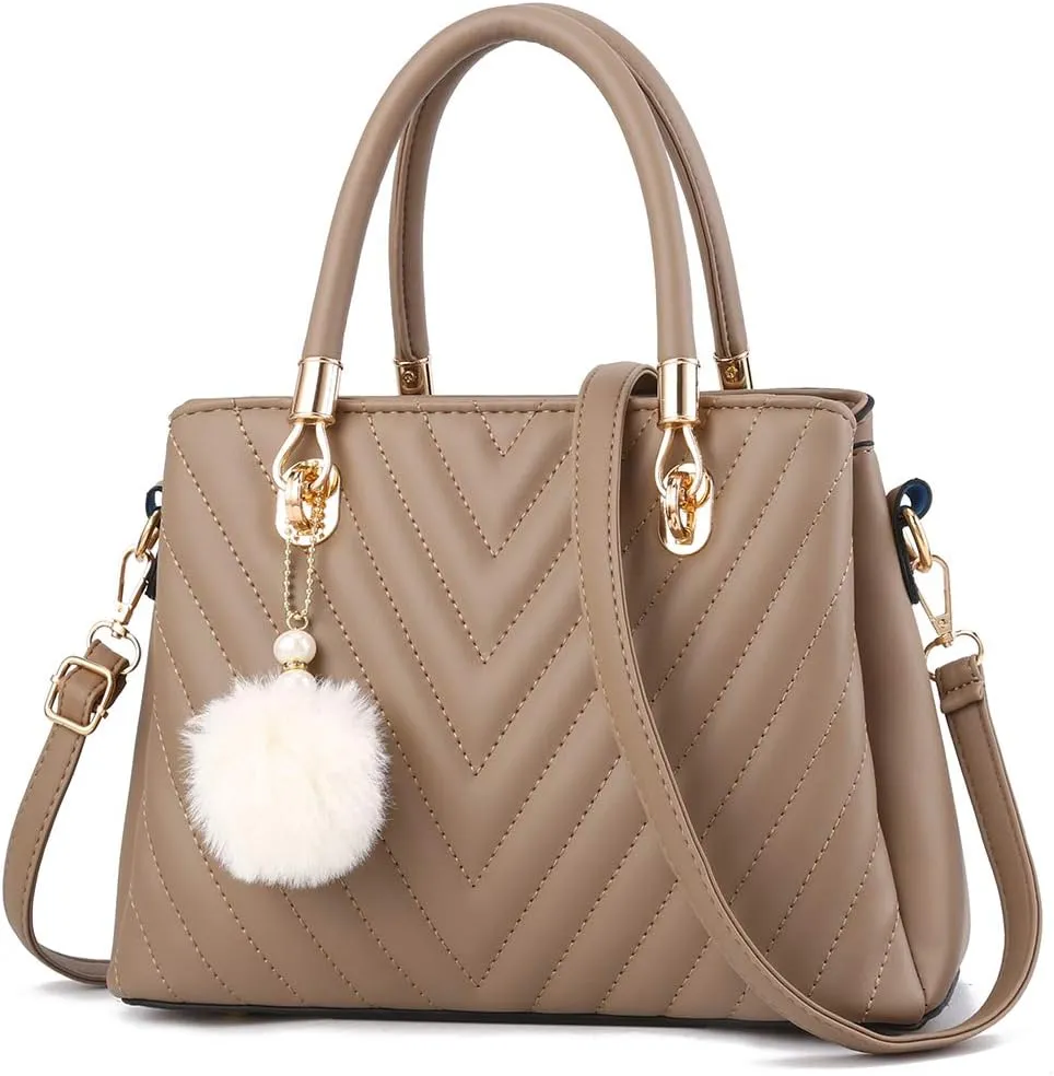 Womens Fashion Leather Handbags Quilted Purses Top-handle Totes Satchel Bag for Ladies Shoulder Bag for Women with Pompom