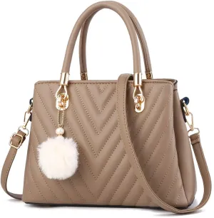 Womens Fashion Leather Handbags Quilted Purses Top-handle Totes Satchel Bag for Ladies Shoulder Bag for Women with Pompom