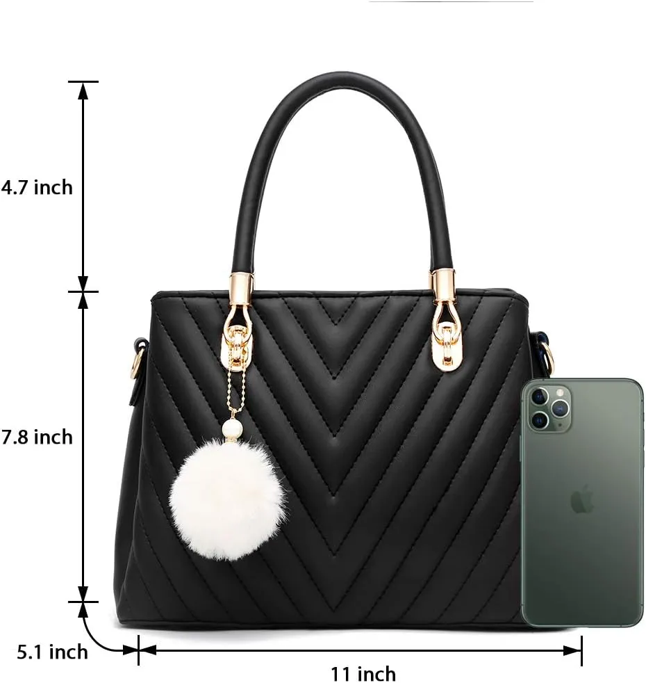 Womens Fashion Leather Handbags Quilted Purses Top-handle Totes Satchel Bag for Ladies Shoulder Bag for Women with Pompom