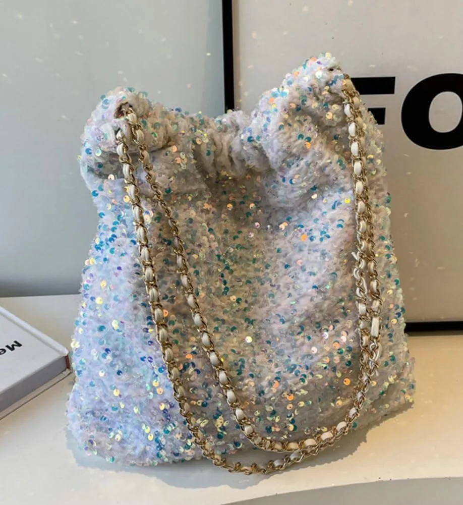 Womens Fashion Shoulder Bag Y2k Sparkly Glitter Sequin Purse Large Totes Top Handle Satchel with Chain Party