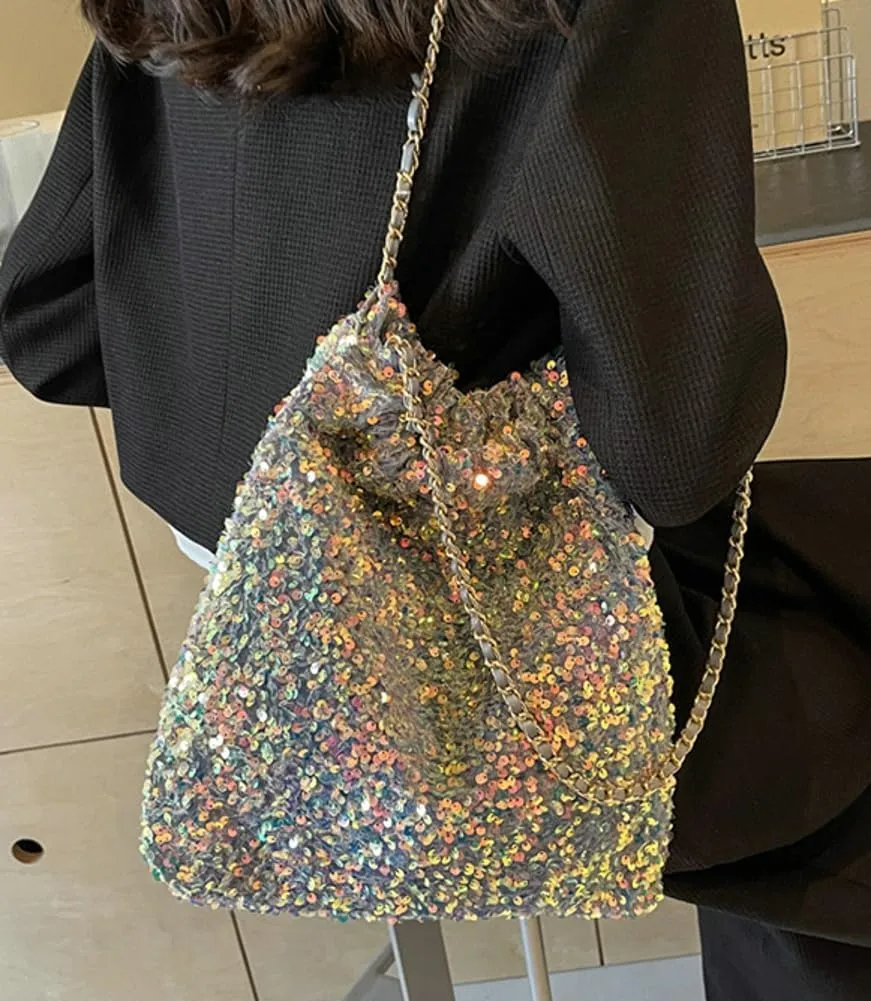Womens Fashion Shoulder Bag Y2k Sparkly Glitter Sequin Purse Large Totes Top Handle Satchel with Chain Party